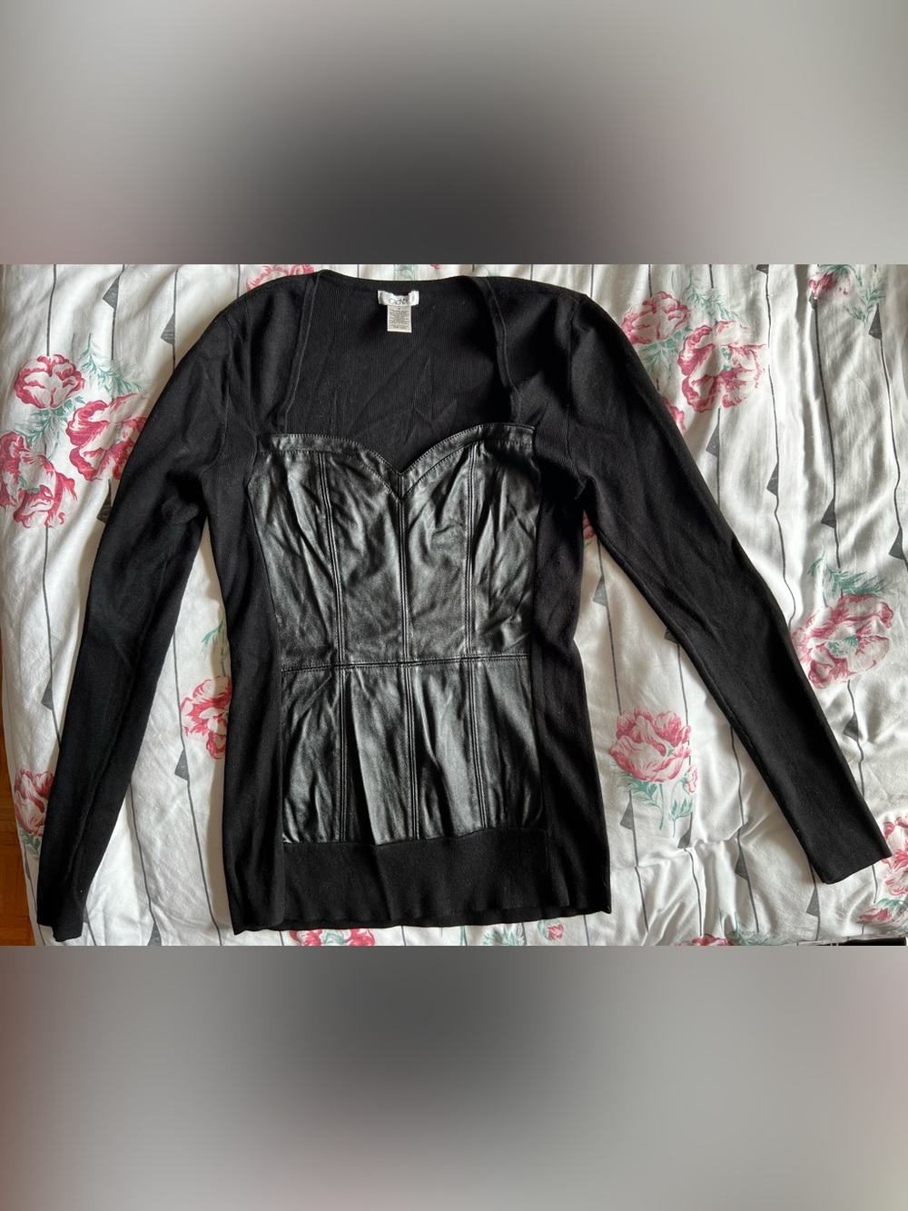 Cache Black Long Sleeve Faux Leather Bustier Top
